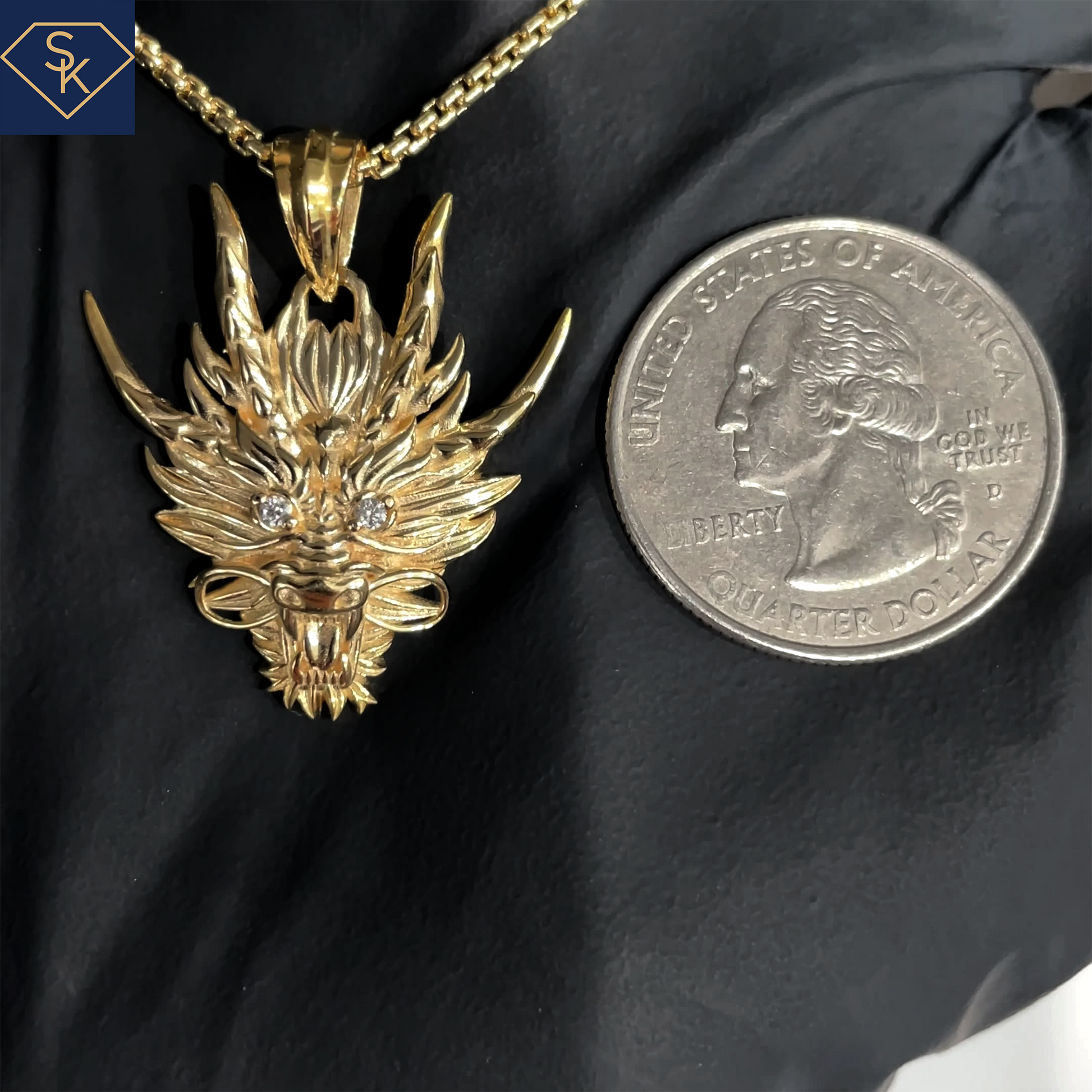 14K Gold Diamond Dragon Pendant