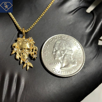 14K Solid Yellow Gold Leafy Skull Pendant