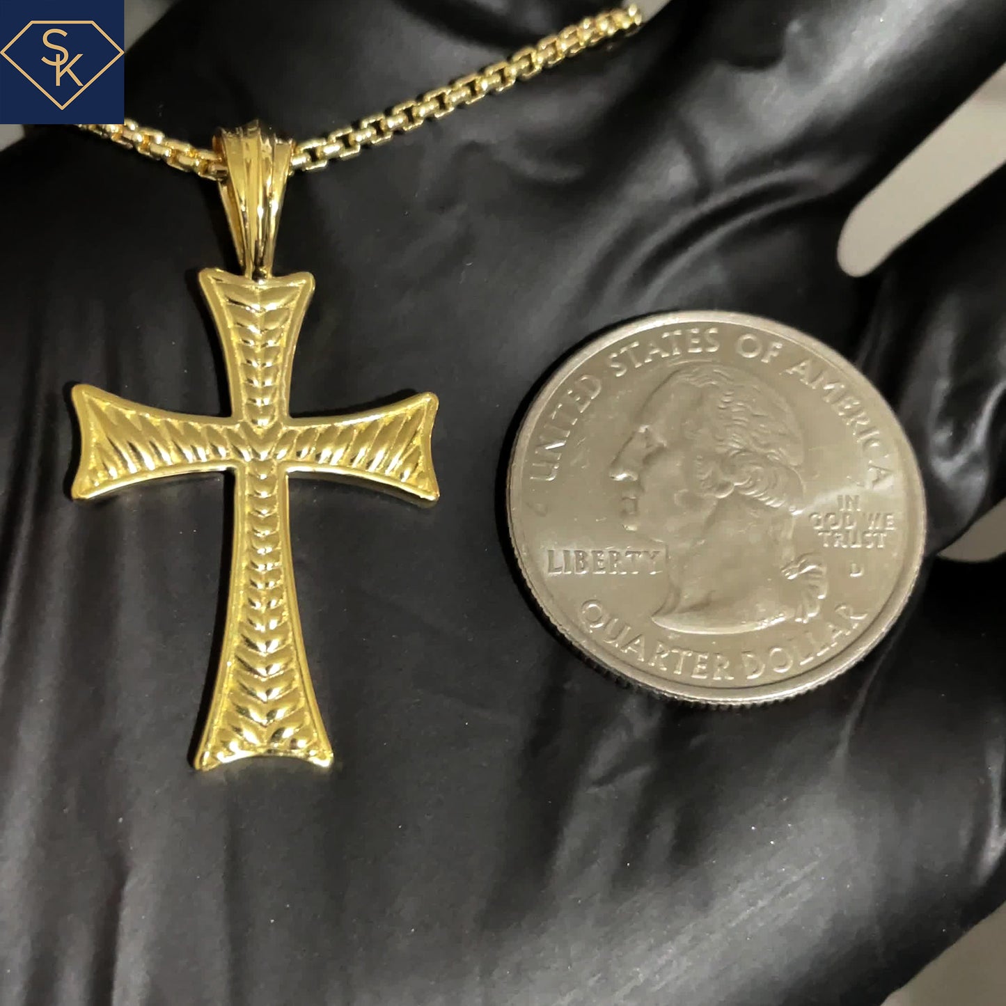 14K Yellow Gold Texture Cross Pendant