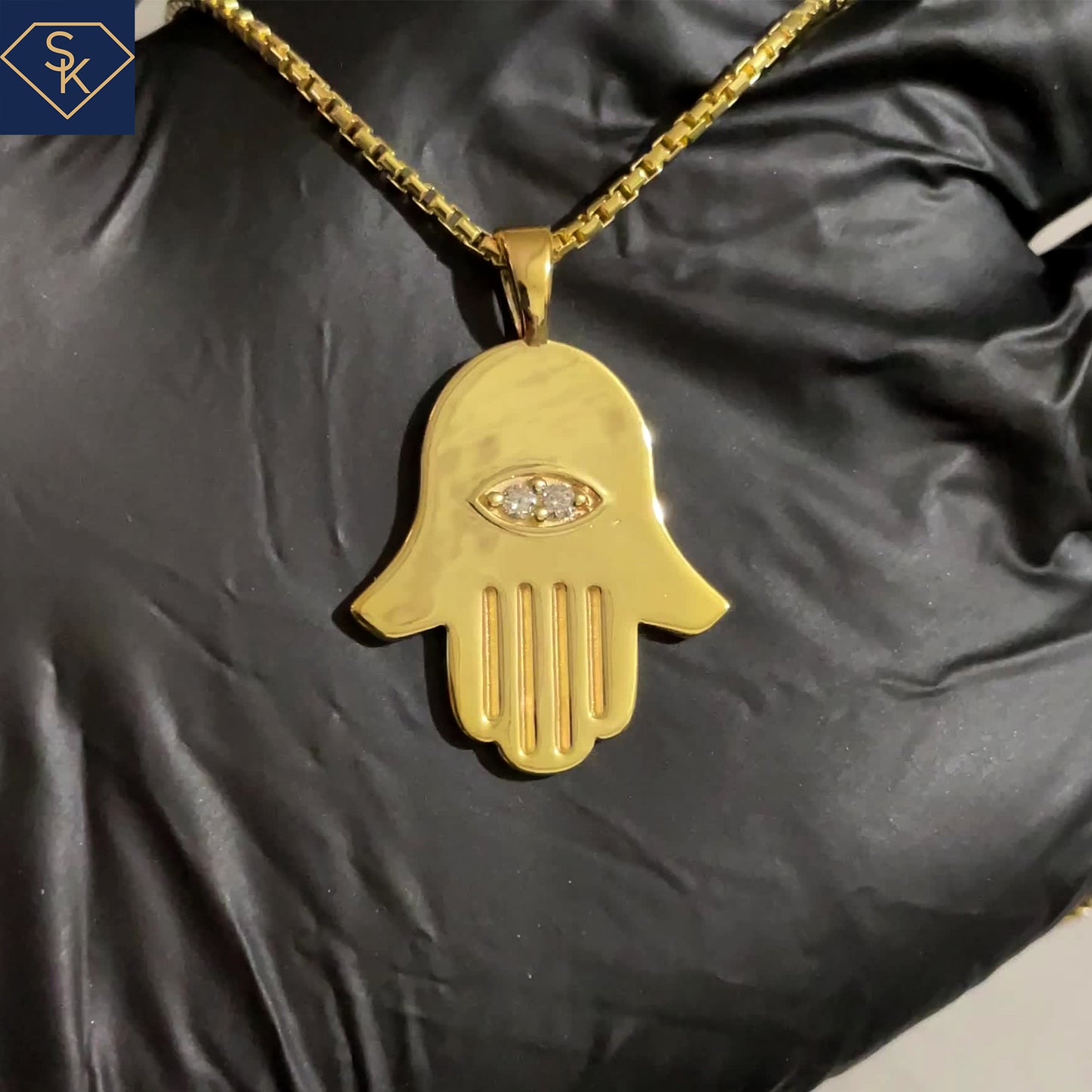 14K Solid Yellow Gold Hamsa Evil Eye Pendant