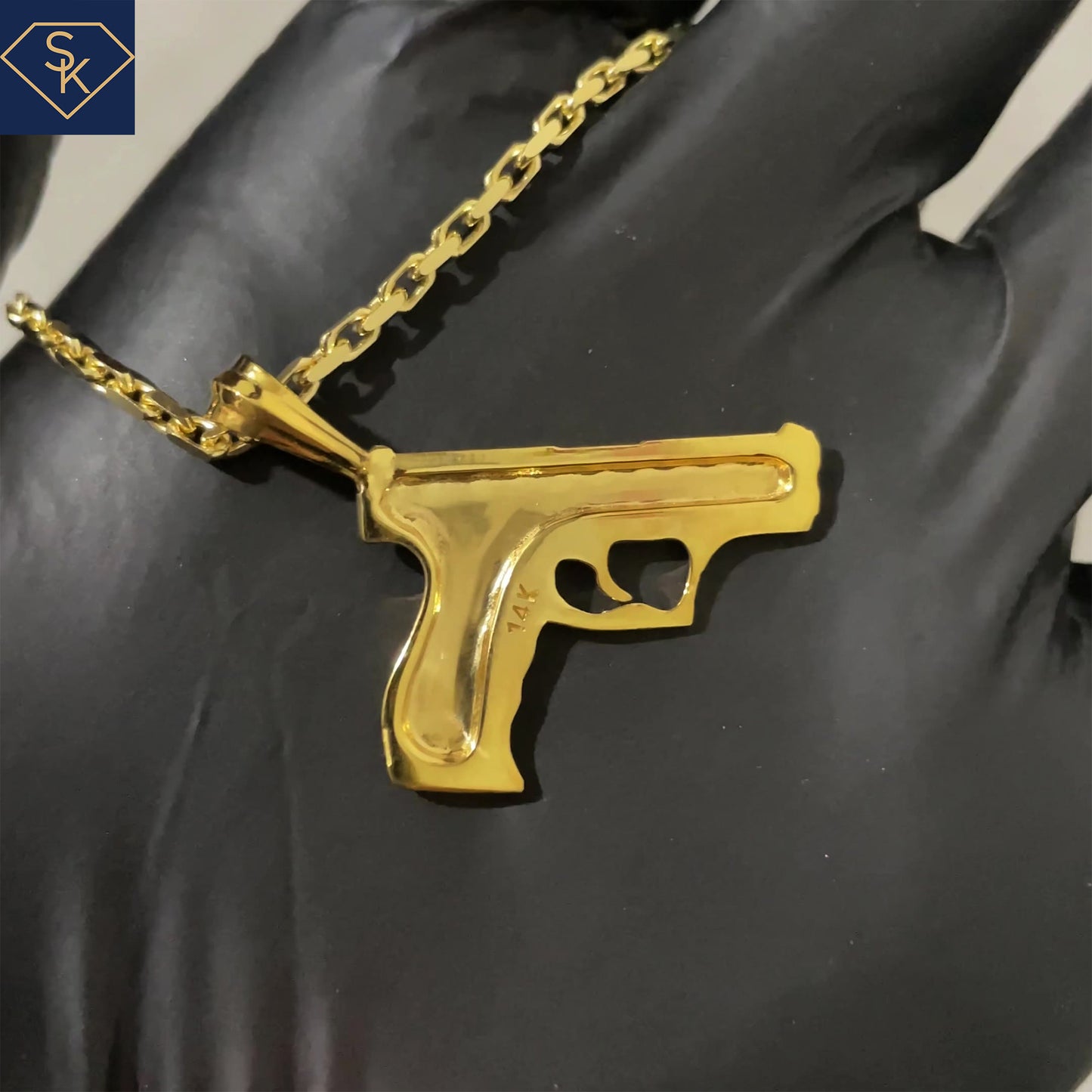 14K Solid Yellow Gold Hand Gun Pendant-Pistol Lover