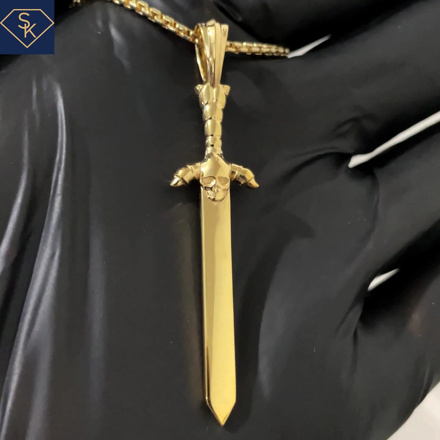 14K Solid Yellow Gold Sword Pendant with Skull Head