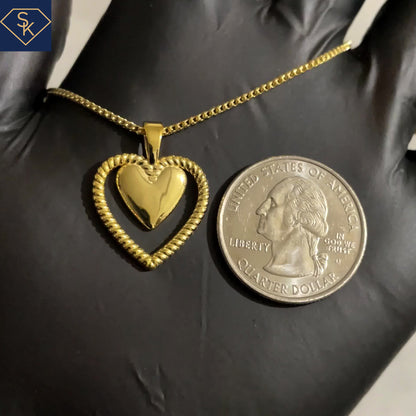 14K Solid Yellow Gold Heart Rope Pendant with Inner Heart