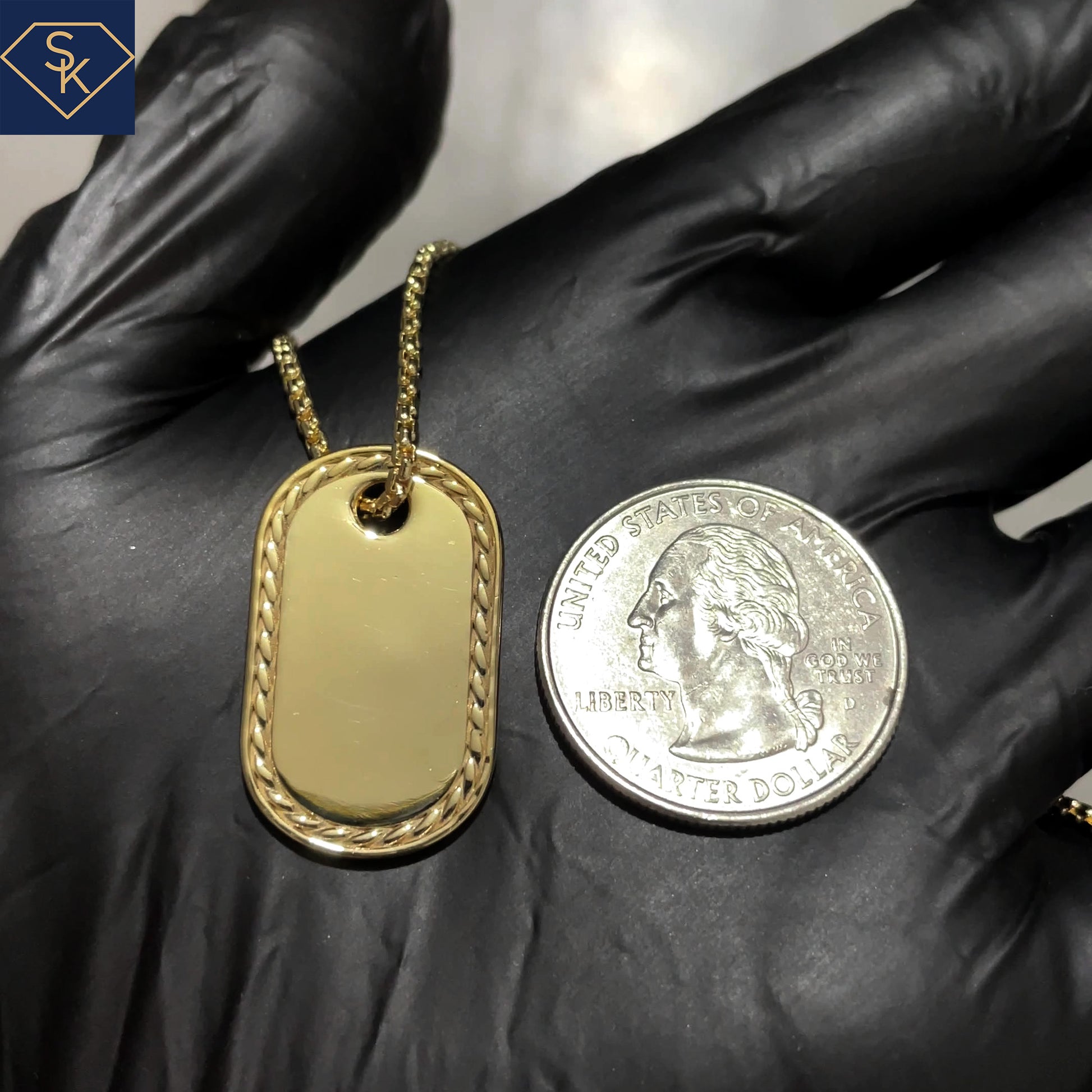 14K Solid Yellow Gold Dog Tag Pendant with eternal braided textures