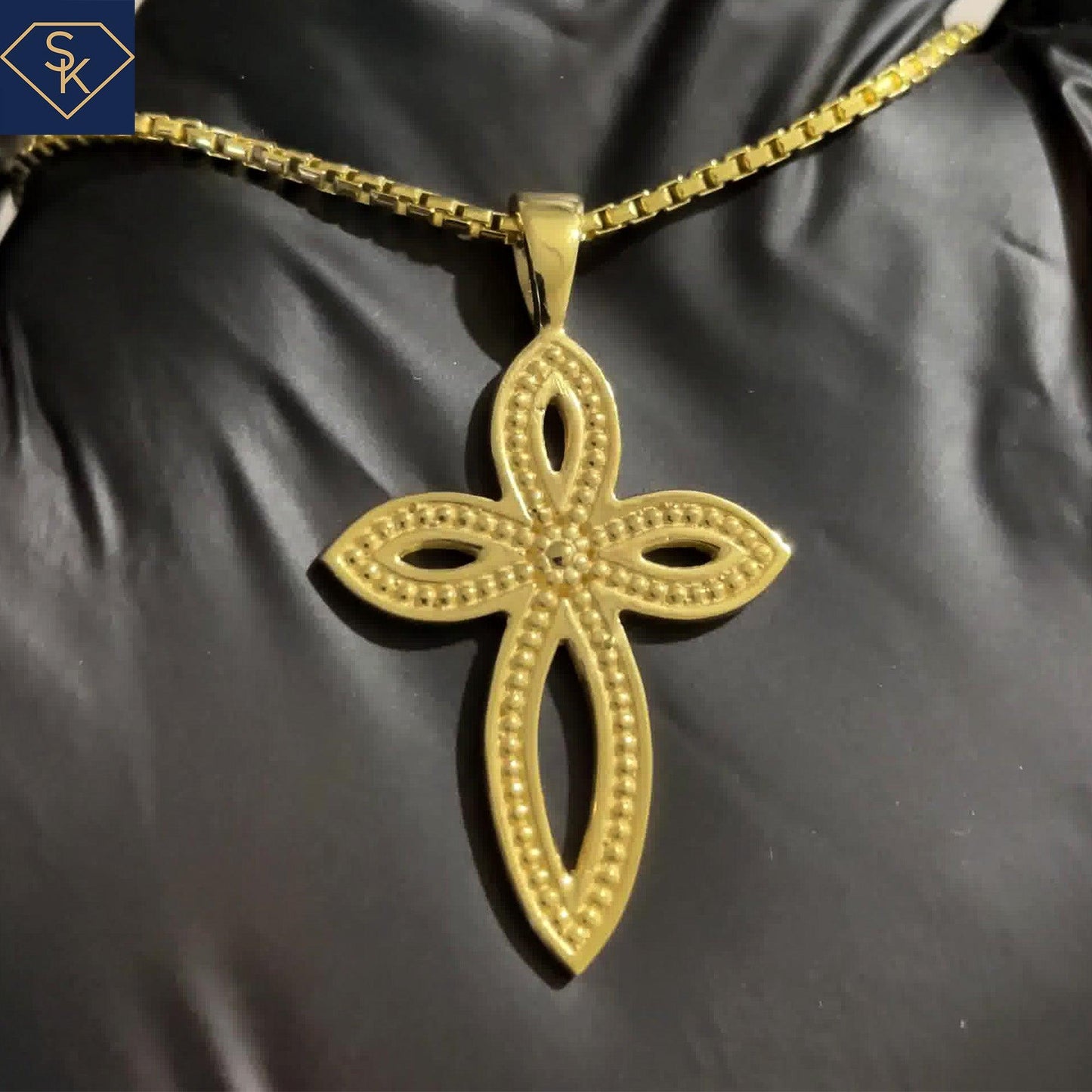 14K Solid Yellow Gold Marquise Shaped Cross Pendant with Round Bead Textures