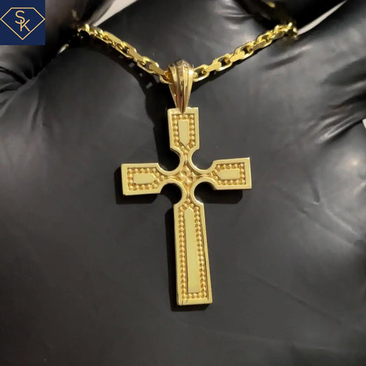 14K Solid Yellow Gold Cross Pendant with Bead Textures