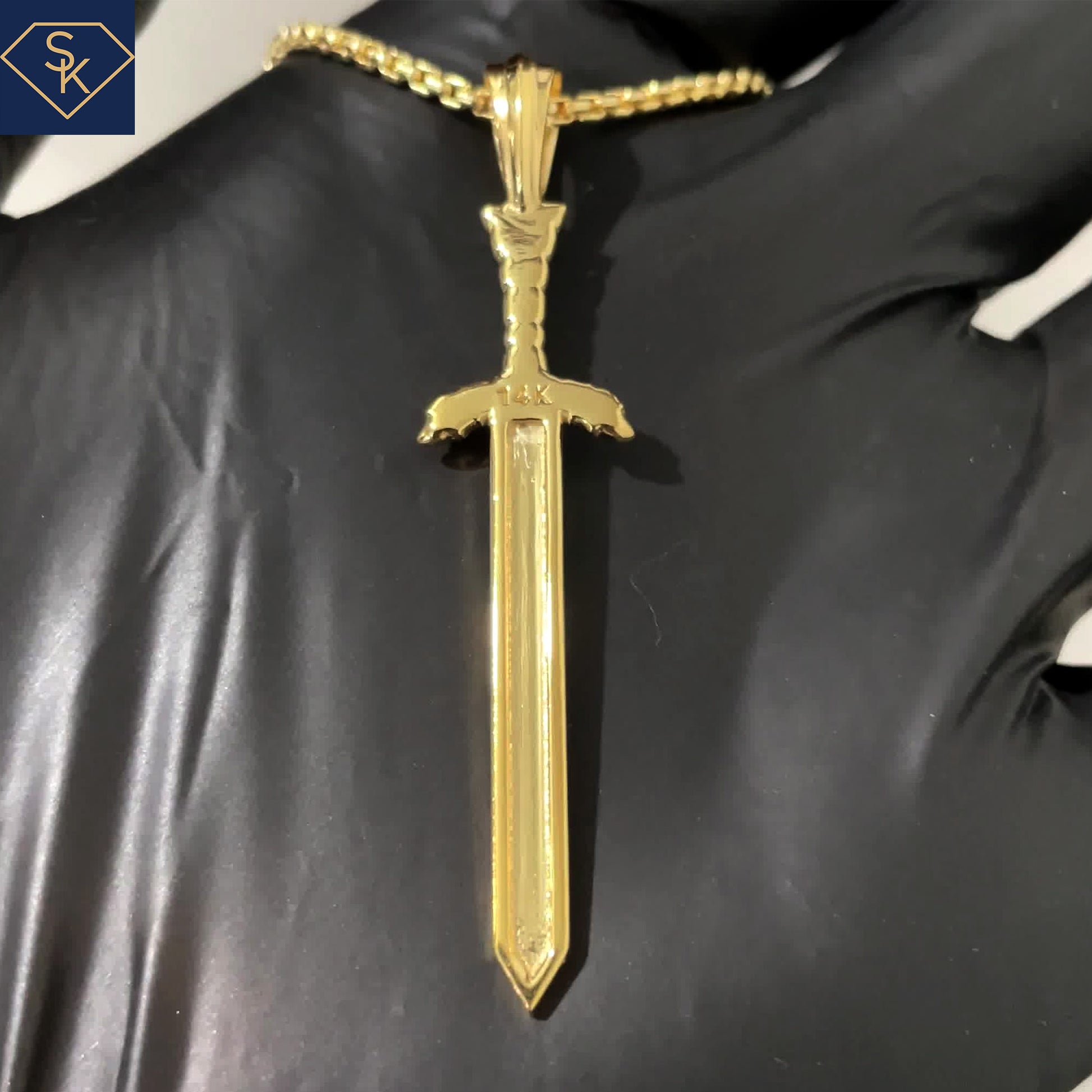 14K Solid Yellow Gold Sword Pendant with Skull Head