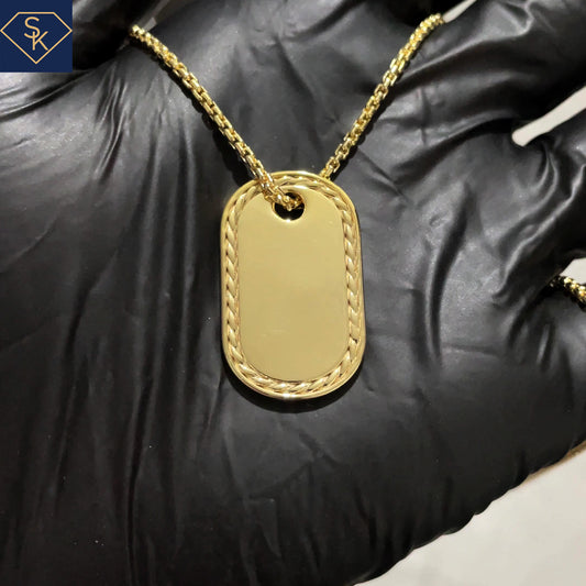 14K Solid Yellow Gold Dog Tag Pendant with eternal braided textures