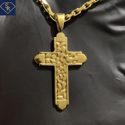 14K Solid Yellow Gold Cross with Cobble Stone Texture