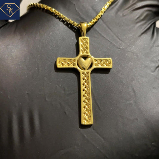 14K Solid Yellow Gold Cross with Heart Weaving Pattern Pendant