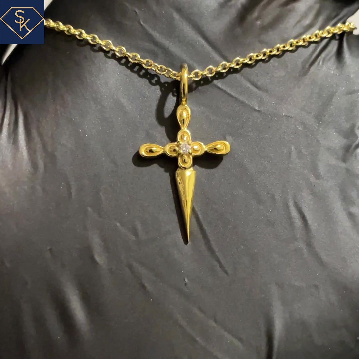 14K Yellow Gold Cross Pendant with a Diamond