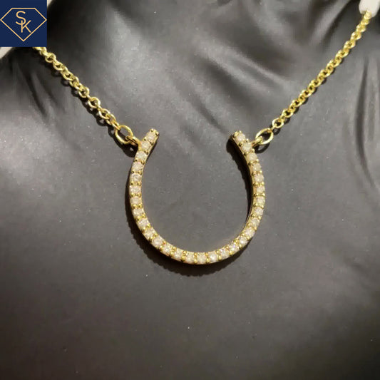 14K Solid Yellow Gold Horseshoe Pendant with Rollo Chain