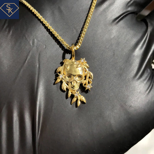 14K Solid Yellow Gold Leafy Skull Pendant