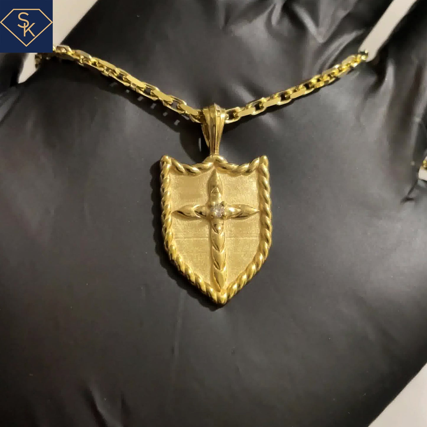 14K Solid Yellow Gold Shield Pendant With Diamond in the Cross