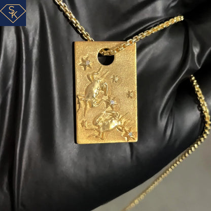 14K Solid Yellow Gold Cancer Dog Tag Pendant-Zodiac Sign