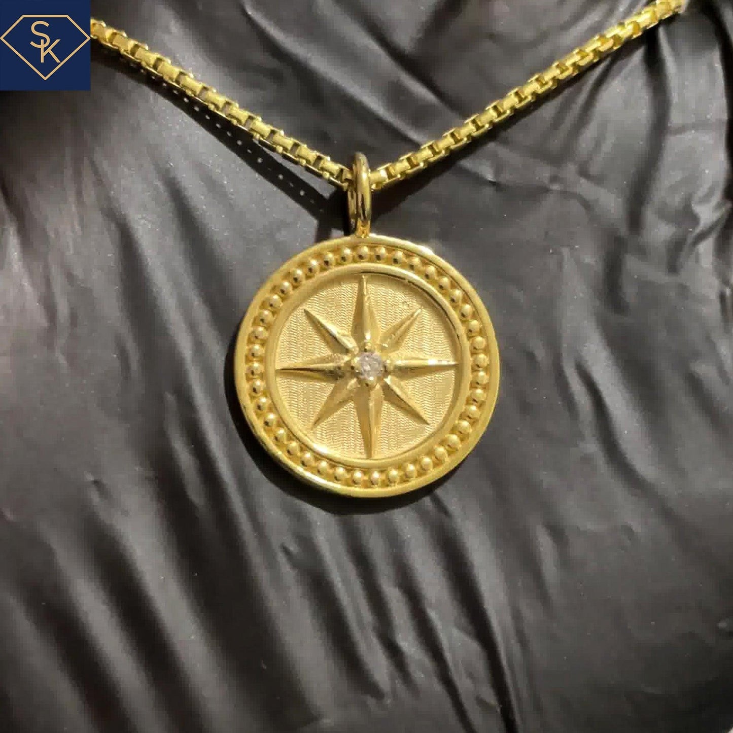 14K Yellow Gold Compass Pendant with Diamond