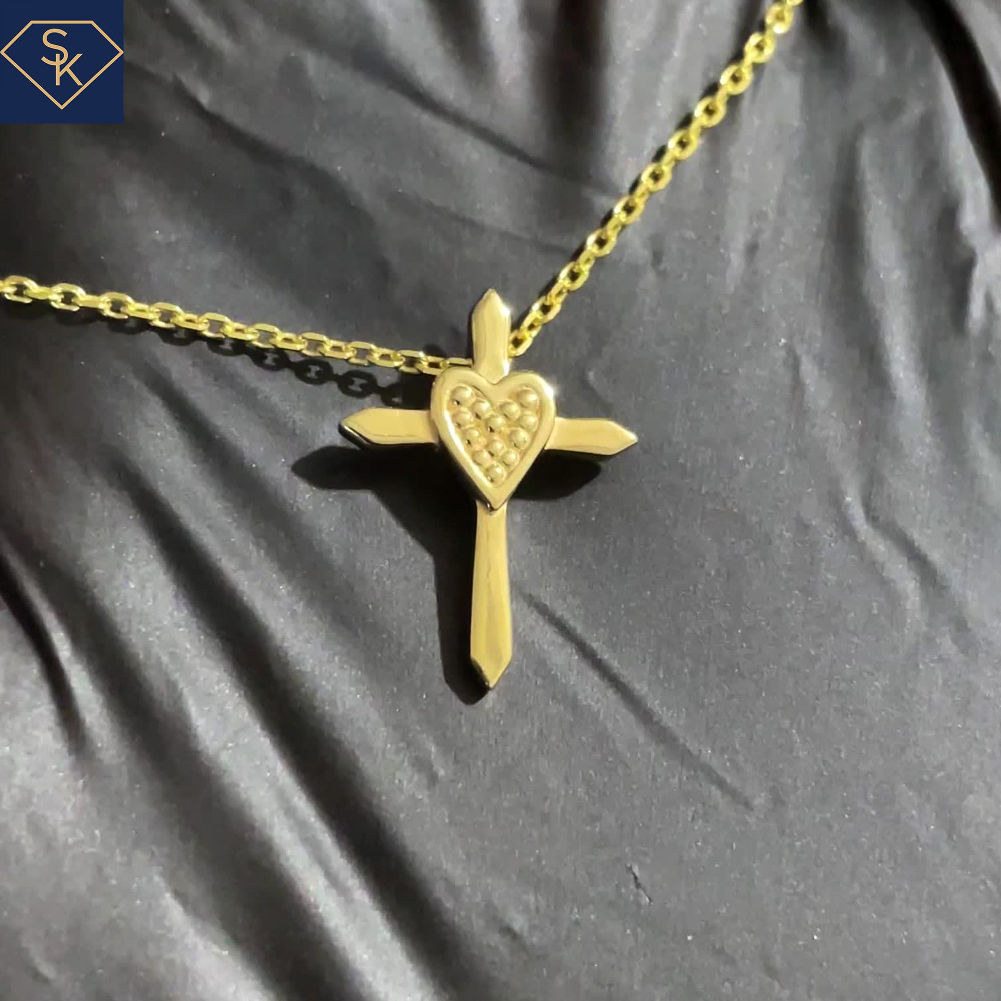 14K Solid Yellow Gold Cross Pendant with Bead Textures inside Heart