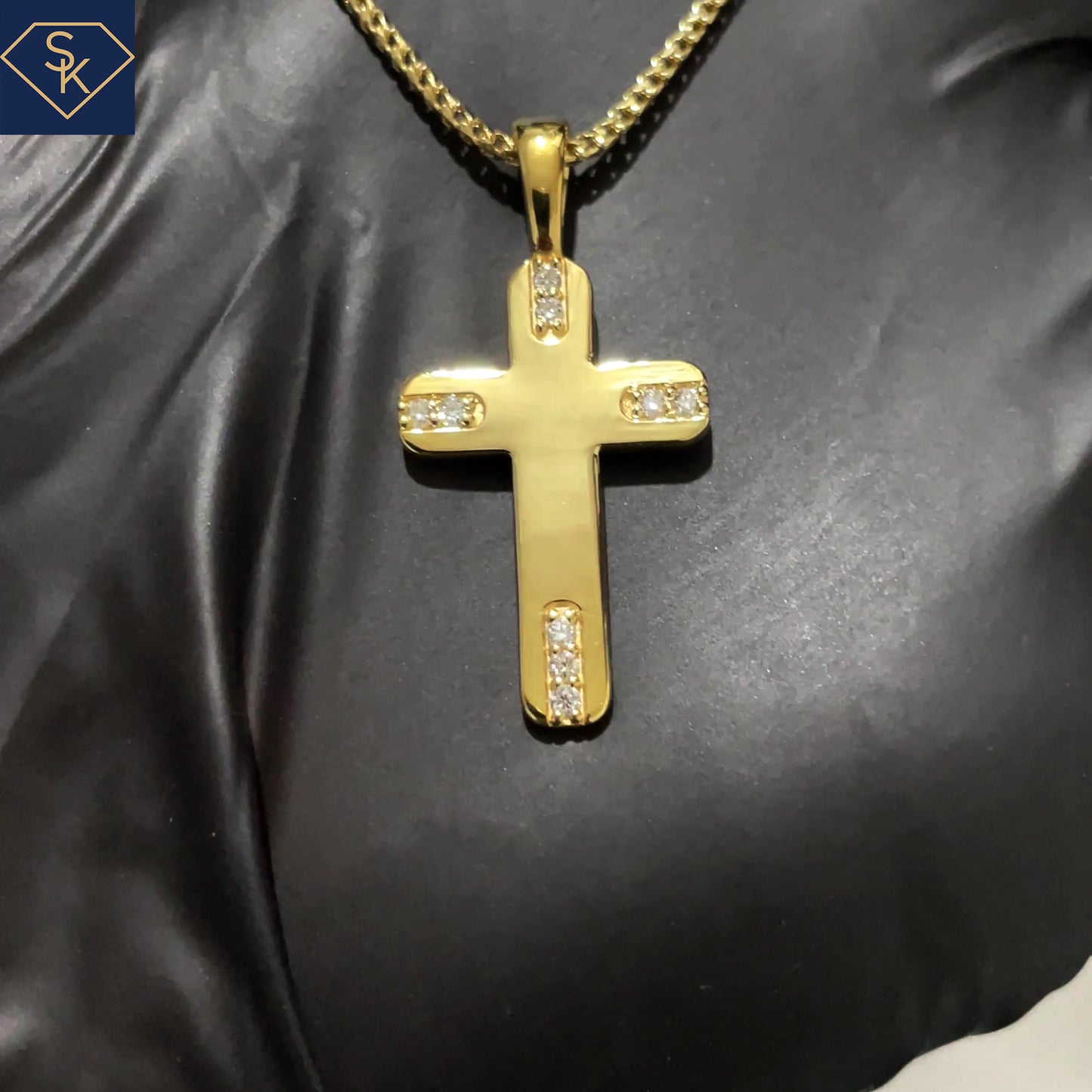 14K Solid Yellow Gold Diamond Classic Cross Pendant