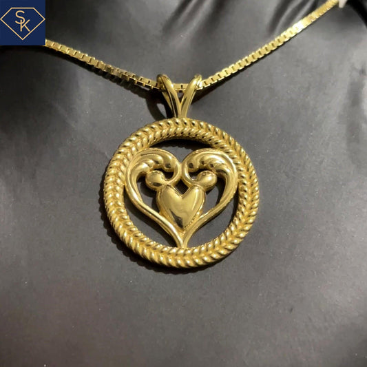 14K Solid Yellow Gold Double Rope Heart Pendant with Scroll Works