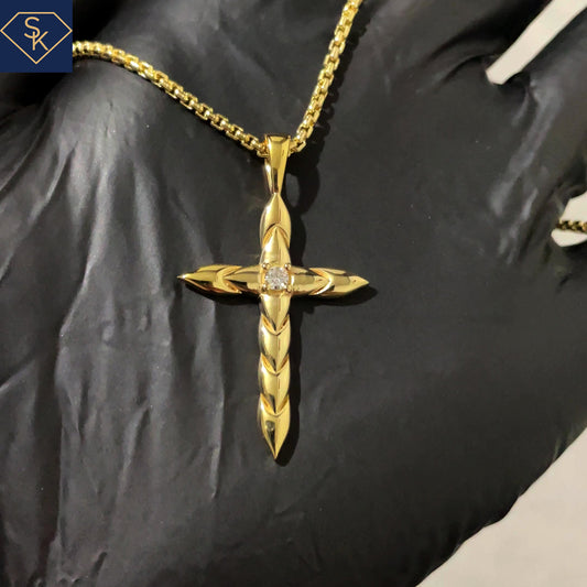 14K Solid Yellow Gold Diamond Cross Pendant