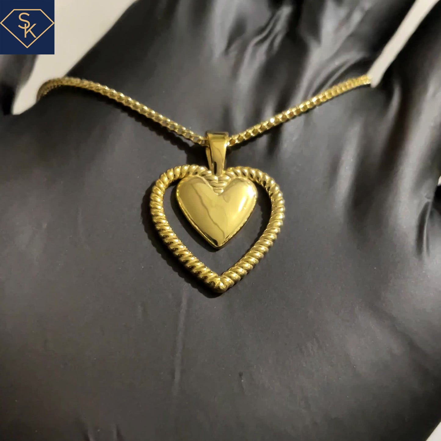 14K Solid Yellow Gold Heart Rope Pendant with Inner Heart