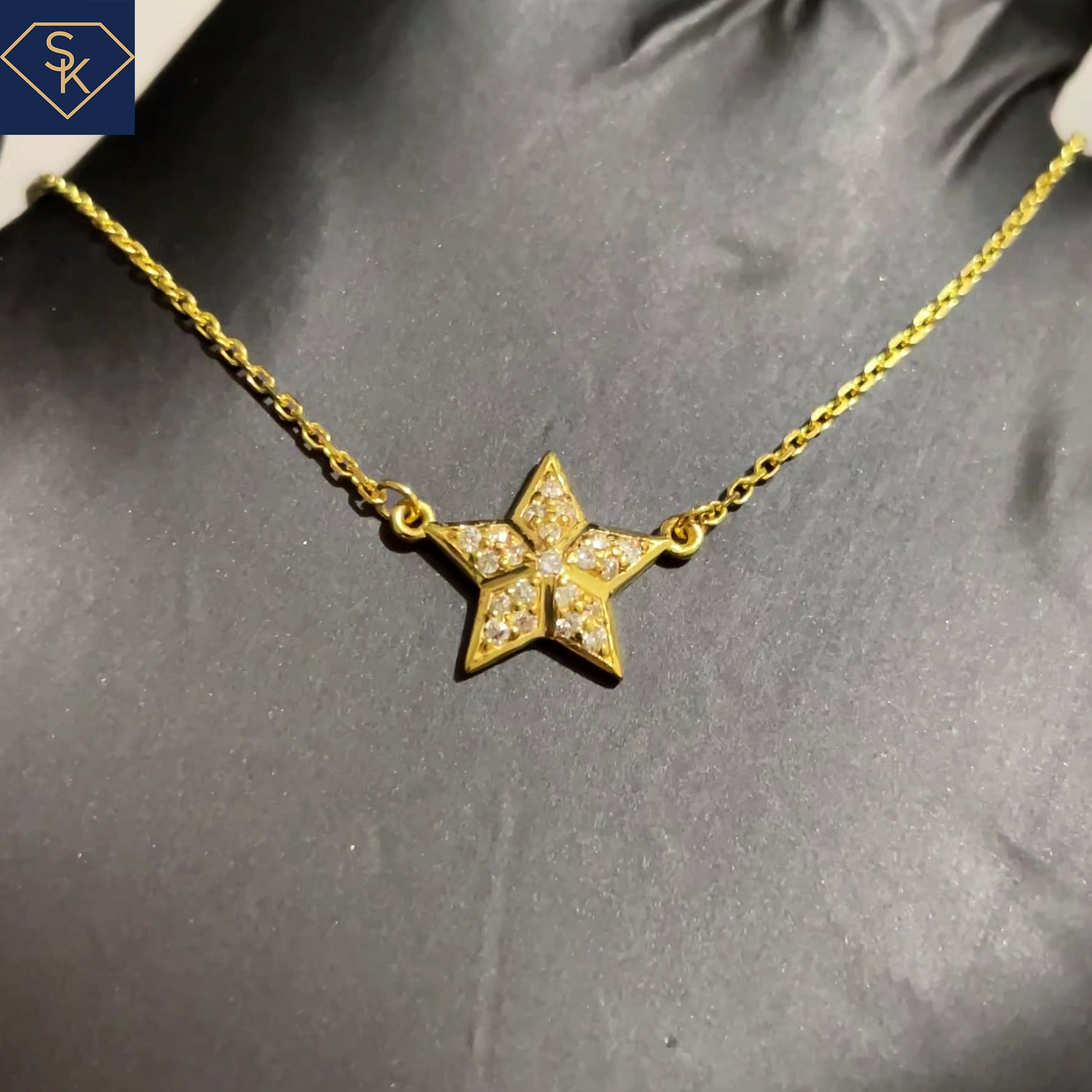 14K Solid Yellow Gold Star Diamond Pendant with Adjustable 16 to 18 Inches Rollo Chain