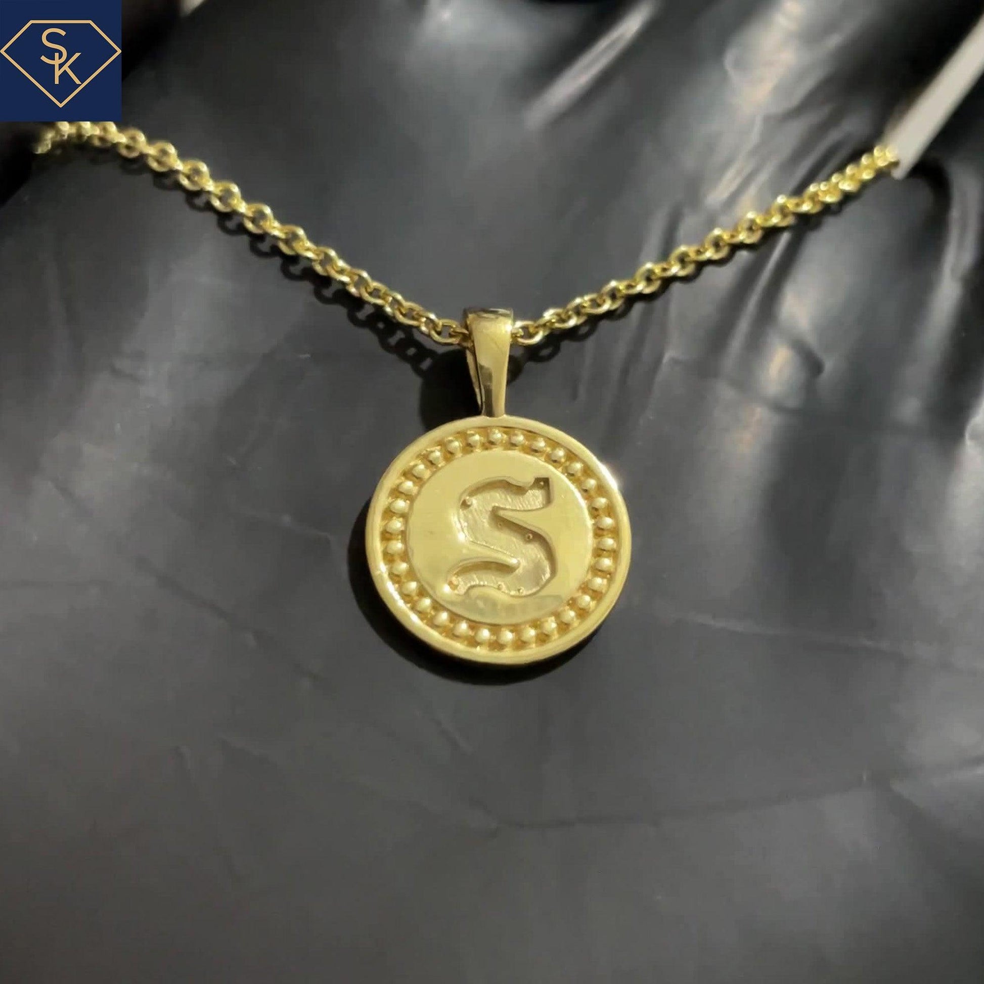 14K Solid Yellow Gold S Initial Pendant with Eternal Bead Textures