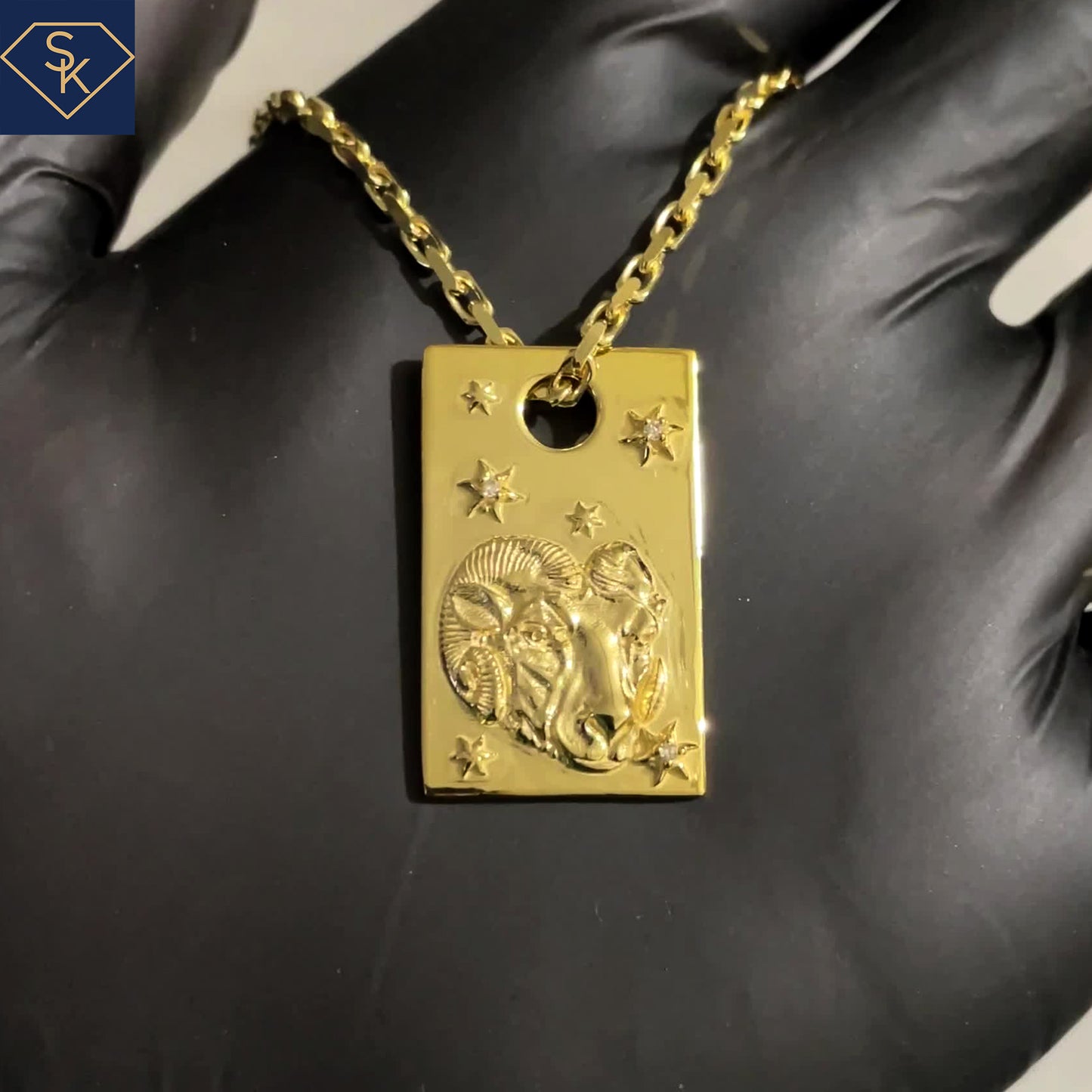 14K Solid Yellow Gold Aries Dog Tag Pendant