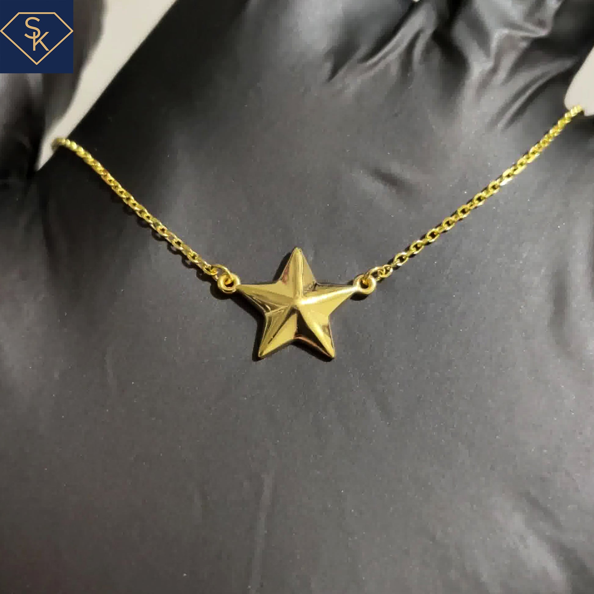 14K Solid Yellow Gold Star Pendant with Adjustable 16 to 18 Inches Rollo Chain