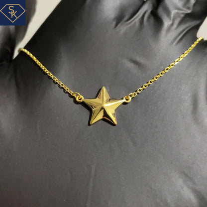 14K Solid Yellow Gold Star Pendant with Adjustable 16 to 18 Inches Rollo Chain