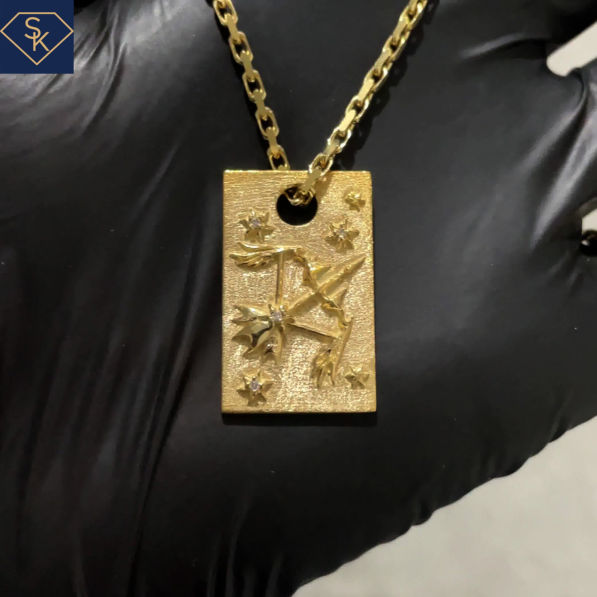 14K Yellow Gold Diamond Sagittarius Dog Tag Pendant