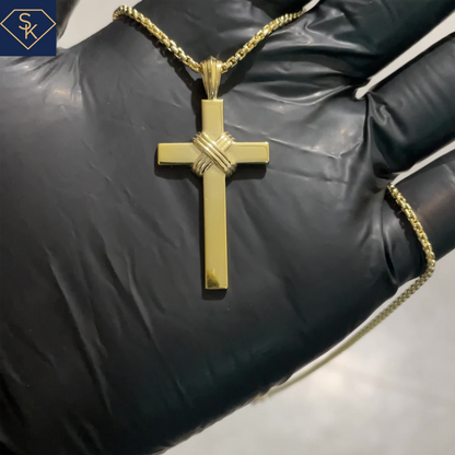 14K Solid Yellow Gold Cross Pendant with Tripple Cross Ropes