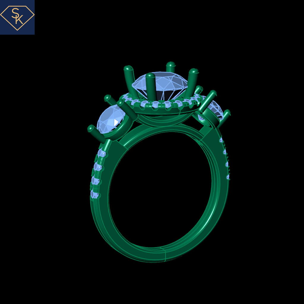 3 Stones Rings with U Pave on Halo and Ring Shank- CAD Services