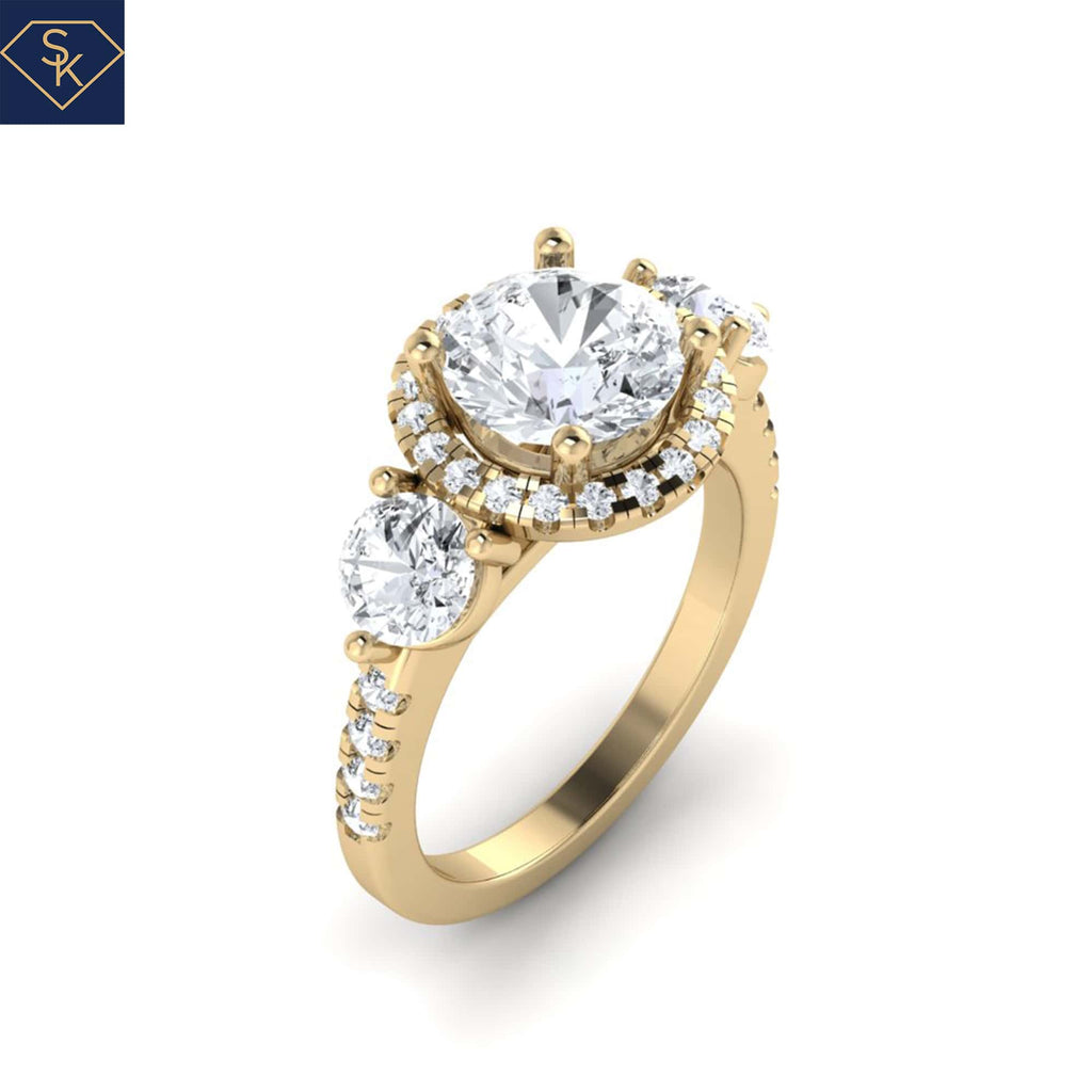 3 Stones Rings with U Pave on Halo and Ring Shank- CAD Services