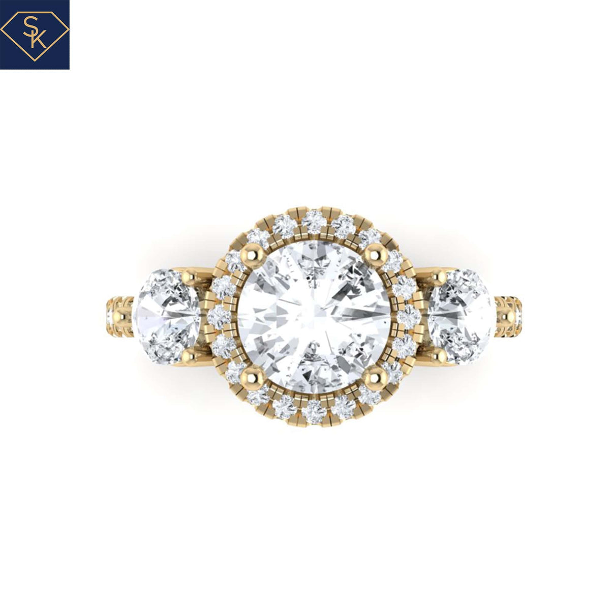 3 Stones Rings with U Pave on Halo and Ring Shank- CAD Services