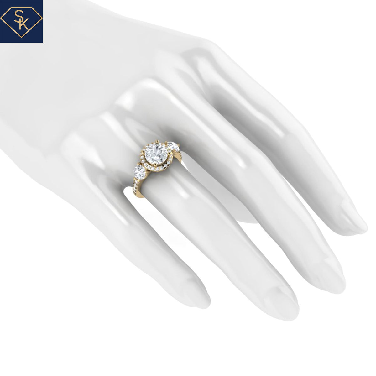 3 Stones Rings with U Pave on Halo and Ring Shank- CAD Services