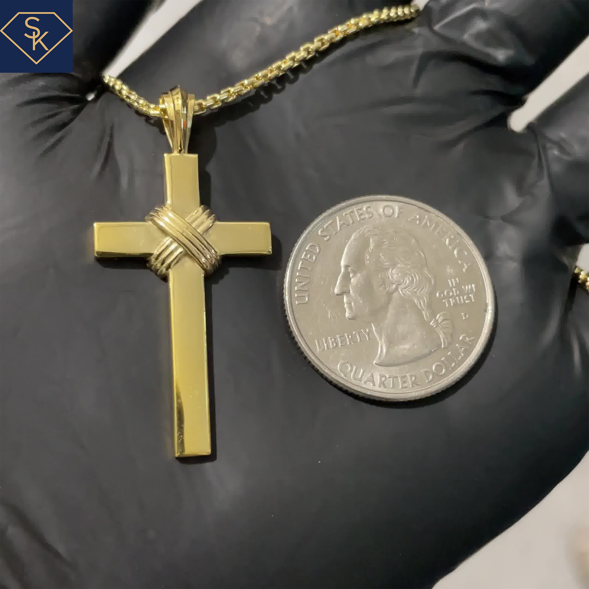 14K Solid Yellow Gold Cross Pendant with Tripple Cross Ropes